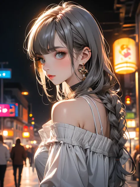 Highest quality, masterpiece, Ultra-high resolution, (Realistic: 1.4), RAW Photos, One girl, Off the shoulder, Cinema Lighting, Kiss pose, Heterochromia iridis, Gray Hair, Gray Hair