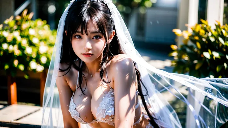 look up, 8K, masterpiece, Most detailed, Highest quality,, create a sense of fit, Cute Girls,Side Tail, (Wet),Sun light,((wedding)),pubic hair,Veil,(((bride))),((show off)),(ふっくらとしたNipples),Ecstatic expression,Outdoor,White lace,Nipples,Ample breasts,Saggy...