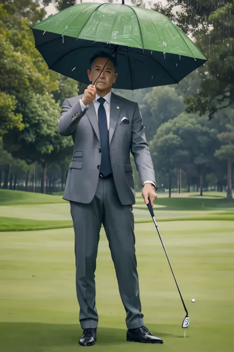 Masterpiece, (top quality), super high resolution, beautiful, visually stunning, elegant, stunning detail, award-winning art, G0S1, mysterious, uncle hitting golf ball with umbrella, ((using umbrella as golf club)), waving folded umbrella, ((50 years old))...