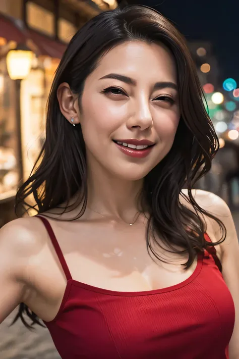 Tabletop,,Award-winning photo, Very detailed, Sharp focus on the eyes, Nose and mouth,Face Focus, Woman with open mouth and closed eyes, Red camisole、Age 35,Black-haired、Symmetrical face,Realistic nostrils、Angle from below、Elongated C-shaped nostrils,,,,,,...
