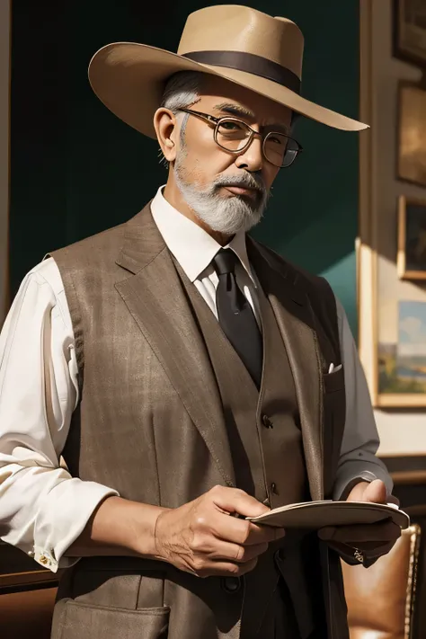 masterpiece, (top quality), ultra high resolution, beautiful, visually stunning, elegant, stunning detail, award-winning art, G0S1, mysterious, uncle in silk hat, 80 years old, glasses, bearded, brown hat, jacket, vest, watch, cafe, cool uncle