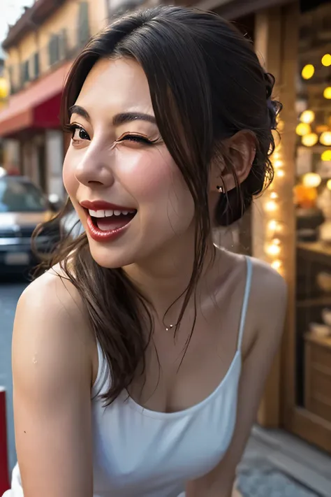 Tabletop,,Award-winning photo, Very detailed, Sharp focus on the eyes, Nose and mouth,Face Focus, Woman with open mouth and closed eyes, Red camisole、Age 35,Black-haired、Symmetrical face,Realistic nostrils、Angle from below、Elongated C-shaped nostrils,,,,,,...