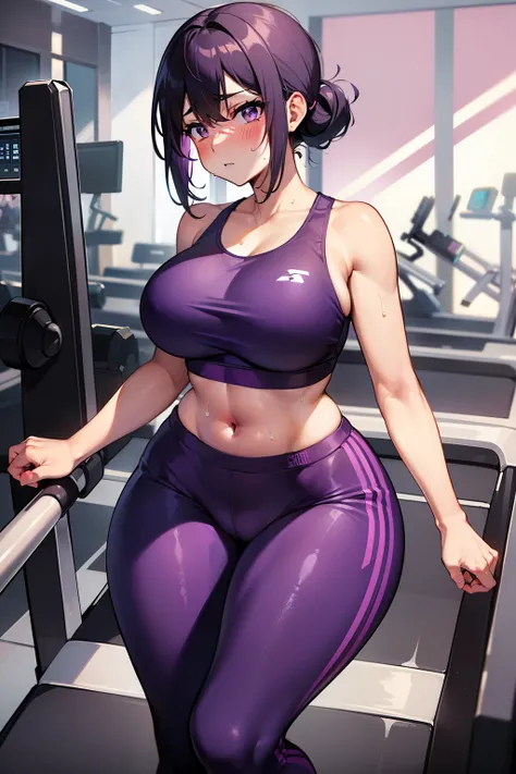 gym, workout, hot, hot, sweating, sweaty, tan, big , tan skin, flustered, blush, running in yogapants, running, hot pants, black hair,purple top, purple shirt, treadmill, running on treadmill, purple clothes clothes, see thru, purple pants, yoga pants,, on...