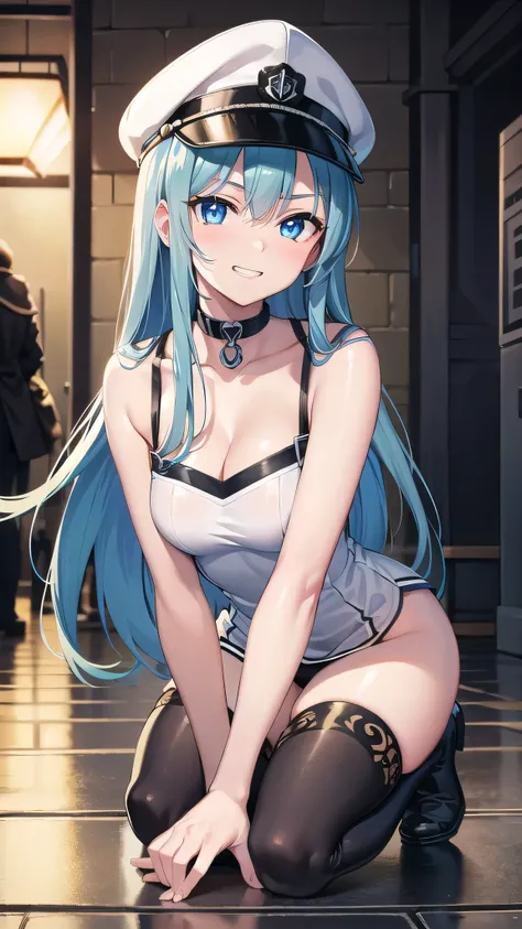 esdeath, esdeath, blue eyes, blue hair, long hair, (small breast:1.2), smile, grin,
BREAK boots, choker, cleavage, collarbone, hat, ice, military,white military uniform, peaked cap, thigh boots, thighhighs, uniform,BREAK looking at viewer, full body,BREAK ...