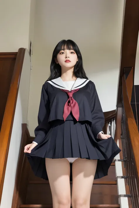 Masterpiece、Highest quality、Woman 1、Super detailed、nsfw、A woman looking up from directly below　Black Hair　Japanese high school girl sailor suit、Pleated skirt、skirt lift、Lift the skirt yourself、White panties　under boob、Underboob、Chest seen from below、Large ...