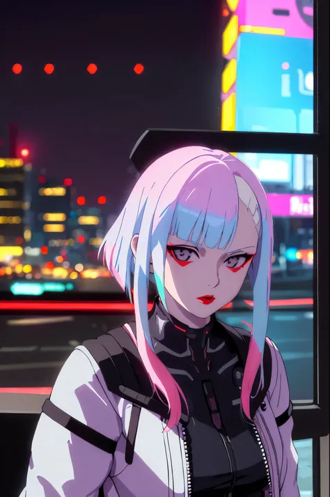 lucy walking in city (Cyberpunk), looking a espectator, 1girl, hair scrunchie, hime-cut, Silver hair, colored tips, full moon, With gray eyes, ((olhos detalhados)), Jacket, Long sleeves, view the viewer, Medium hair, Colorful hair, Bangs separated, lips pa...