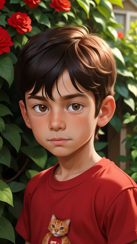 realistic portrait of a seven year old boy, he wears a red shirt . your face is and exploratory . he cautiously goes out into th...