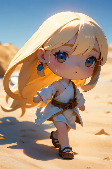 chibi girl、walking through the desert under the scorching sun、sweat、heat haze、cute shoes、whole body、a landscape of nothing but s...