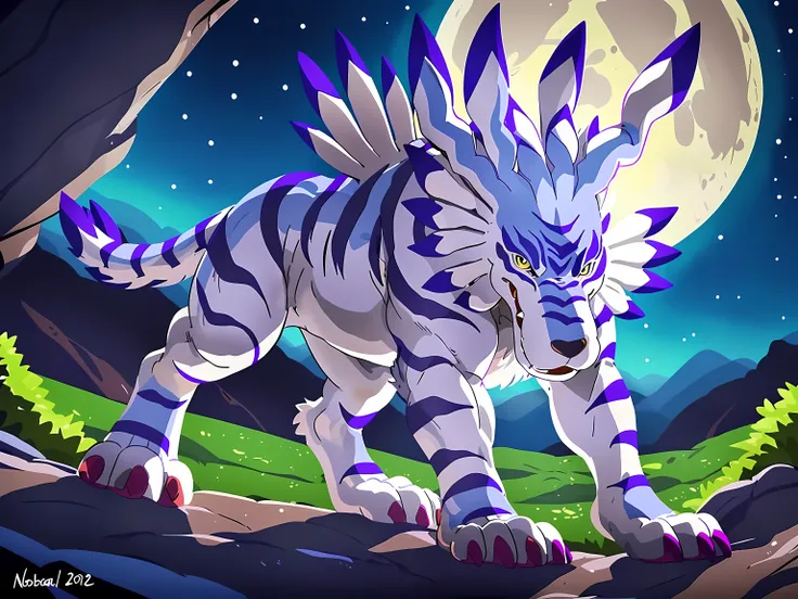 garurumon, full body, feral:1.1, quadruped, standing, open mouth, fangs, high quality, yellow eyes, big eyes:1.1, detailed eyes,...