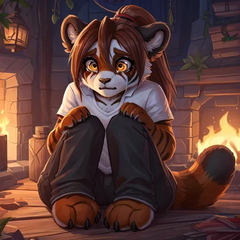 (4fingers), small_round_ears, small_panda_ears, pandaren, world_of_warcraft, furry, anthropomorphic, fluffy_tail, foxtail, cfemale, claws, red_panda, tiger_stripes, tiger_face, flat_chested, teen, teenager, amber_eyes, (pupils), (tiger_legs), black_left_fo...