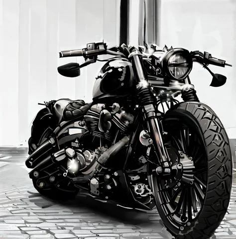 there is a black and white photo of a motorcycle parked on the street, harley davidson moto, motocicleta, motocicletas, harley d...