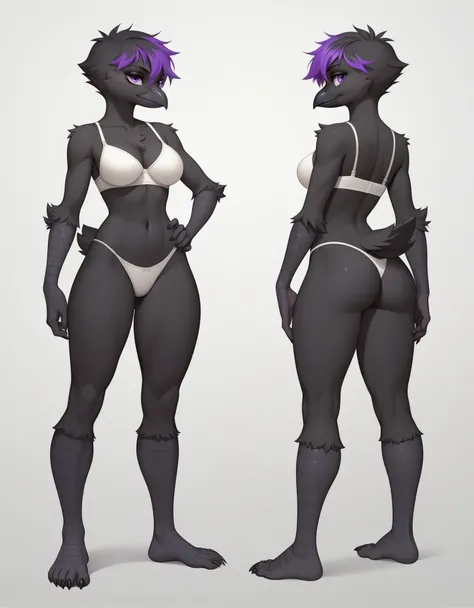 Score_9, score_8_up, score_7_up, flat colors,  an Anthro avian crow girl, female, small grey beak, tall, small crow tail, black body, standing, white background, purple eyes, short black emo hair, purple highlights in hair, hands with five fingers, wearing...