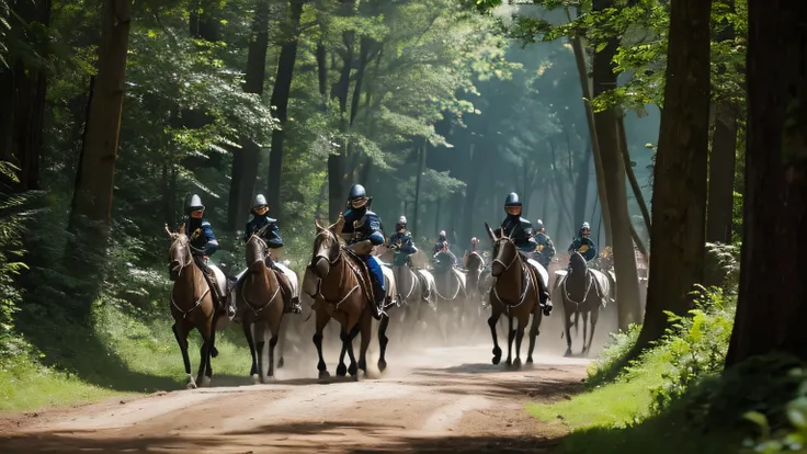 Knights marching in a deep forest ultra realistic