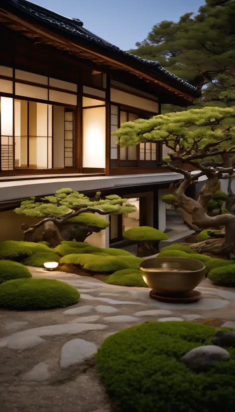 A stylish Japanese one-story house with a beautiful tatami room overlooking a meticulously pruned garden. The garden features traditional elements such as stone lanterns, bonsai trees, and a koi pond. The scene extends to a serene countryside landscape, wi...