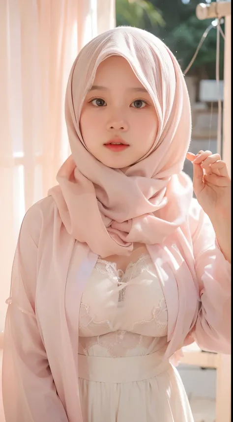 1 malay girl , modern plain hijab,  shy, medium portrait shot , watery  eyes , pink glowing particles, wear pastel pink lingerie,(( big breast)), pink light bokeh background, proportional body,