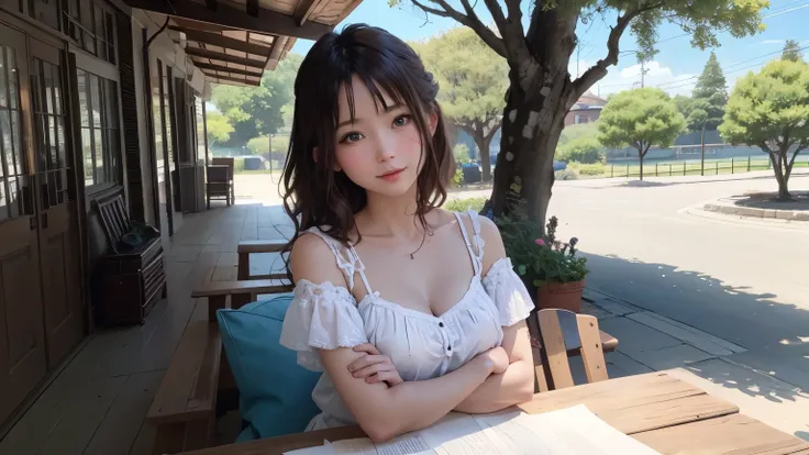 (high quality、8K、Ultra HD、A mysterious and beautiful smiling woman stands alone in the quiet shade of a tree.、Random Pause、whole body、sunny summer sky、Brown hair and blue eyes、Daytime)、 デジタルartファンタジー, Great park views, Highly detailed landscape, A calming ...