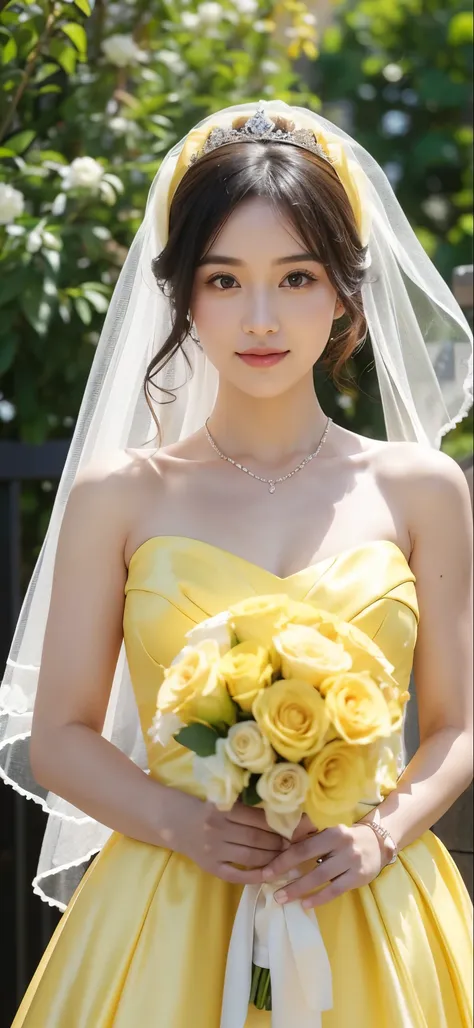 A woman wearing a yellow dress and yellow veil at a wedding and holding a yellow bouquet