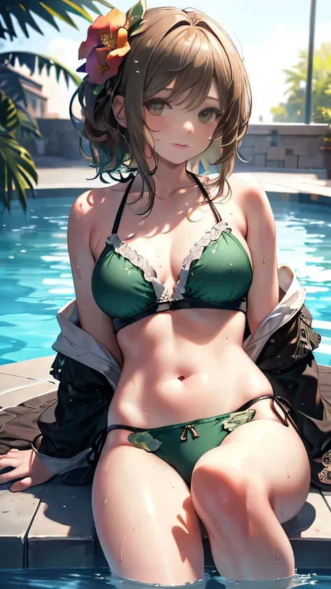 (realistic:1.3), rembrandt lighting, (masterpiece:1.2), (best quality), (detailed skin:1.3), (intricate details), ray tracing,1girl, green bikini, sitting at poolside, brown hair, wet hair, sunglasses, hair flower, wet skin, Put on a rash guard