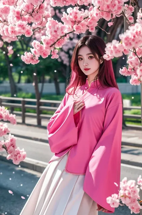 nsfw, meimei,pink hair flower,chinese clothes,pink shirt,white skirt,sleeves past wrists,outside,cherry blossoms,, (masterpiece,...