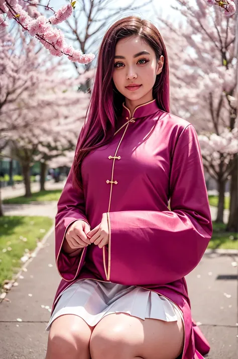 nsfw, meimei,pink hair flower,chinese clothes,pink shirt,white skirt,sleeves past wrists,outside,cherry blossoms,, (masterpiece,...