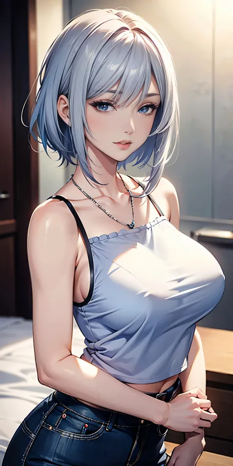 Mature beautiful female，silver hair，blue eyes，short camisole，crop shirt，breast，white，Art， anime，illustration，high details