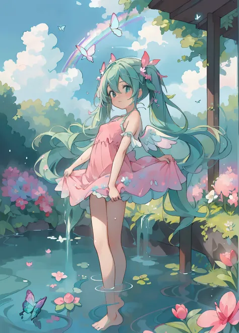 (masterpiece、Highest quality、Highest quality、Official Art、Beautiful and beautiful:1.2)、(One girl:1.3)Hatsune Miku、Twin tails,Beautiful breasts,masterpiece, Highest quality, Absurd, figure, watercolor,One girl,Girl with butterfly wings, in water, alone, Lon...