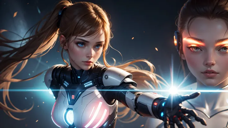 Technological robot woman, with lights on your hands and body, very detailled, beautiful and ultra realistic