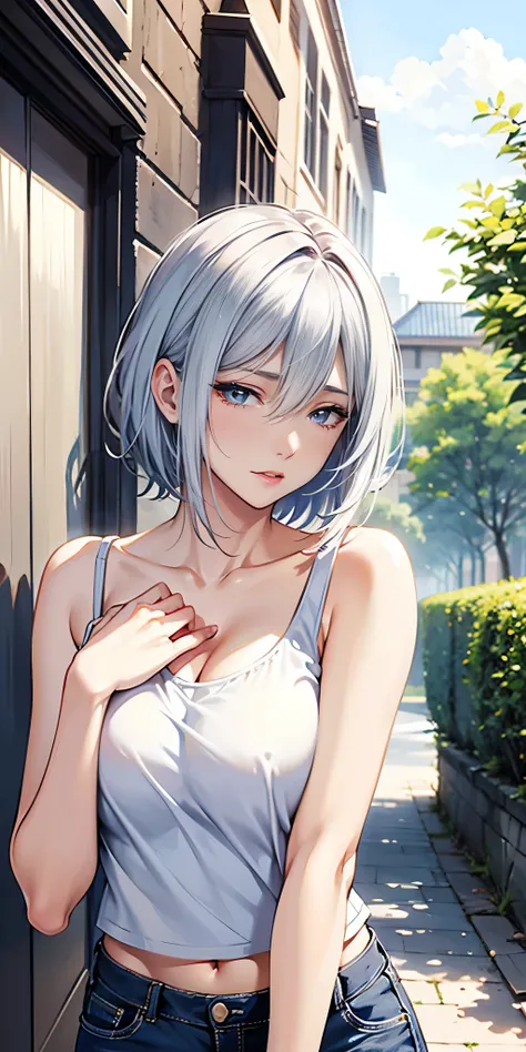 Mature beautiful female，silver hair，blue eyes，short camisole，crop shirt，breast，white，Art， anime，illustration，high details