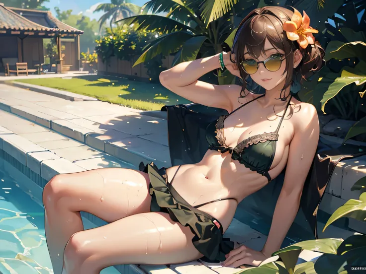 (realistic:1.3), rembrandt lighting, (masterpiece:1.2), (best quality), (detailed skin:1.3), (intricate details), ray tracing,1girl, green Swimwear, Bikini Top(Flounced), Bikini bottom(Skirted), sitting at poolside, brown hair, wet hair, sunglasses, hair f...