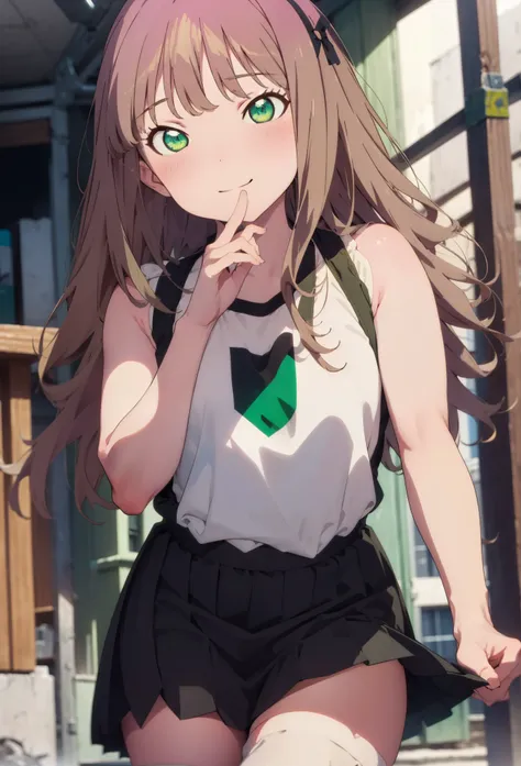 minami yume ,sss Dynazenon ,Long Hair, Brown Hair, (Green Eyes:1.5) ,blush,smile,hair band,Sleeveless shirt,Long skirt,short boots,Daytime,Clear skies,Walking,whole bodyがイラストに入るように,　　　　　　　　　break　looking at viewer, whole body,(Cowboy Shot:1. 5) ,　　　　　　　　　　...