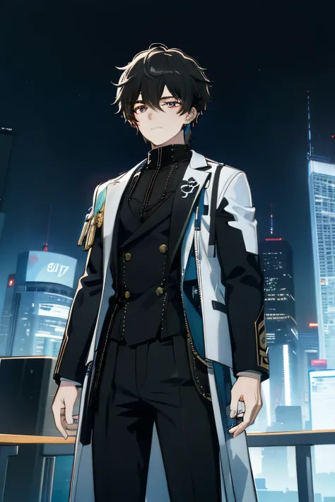 Vibrant skyline of a modern fantasy city, The 27-year-old boy、Her dark hair stands out in contrast to her white skin., Silver eyes that seem to reflect the neon lights illuminating the city. Wear an elegant black suit adorned with subtle gold details that ...