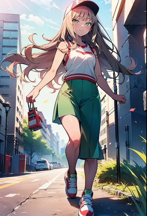 minami yume ,sss Dynazenon ,Long Hair, Brown Hair, (Green Eyes:1.5) ,blush,smile,hair band,Sleeveless shirt,Baseball cap,Long skirt,sneakers,Daytime,Clear skies,Walking,whole bodyがイラストに入るように,　　　　　　break　looking at viewer, whole body, 　　　　　　　break outdoors ...