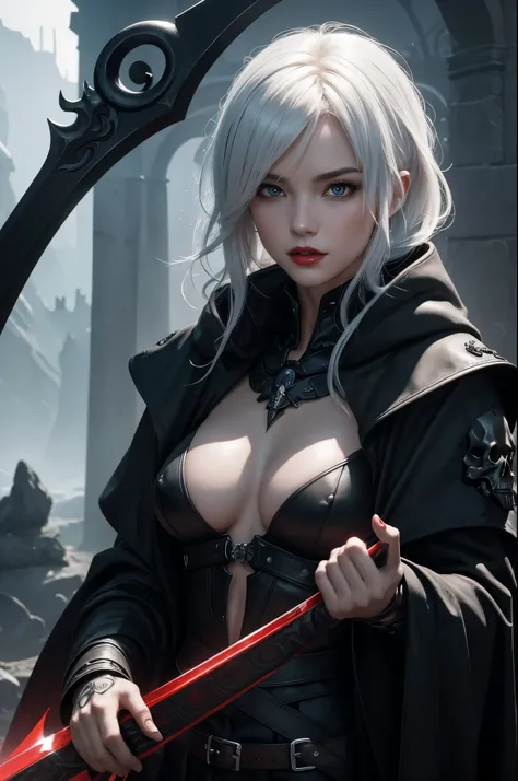 8K,Grim Reaper with a very large scythe,Skeleton Face,Red eyes,White haired mohawk,Black hooded robe,Highly detailed photos, Ultra-high resolution, masterpiece, Highest quality, Perfect glowing skin, Perfect lighting, Detailed lighting, Dramatic Shadows, R...