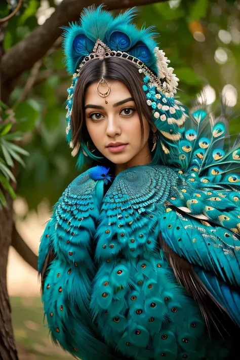 Hansika Motwani is a peafowl, she is real peafowl Bird. Mutant peafowl. peafowl transformation. peafowl body with  female head. She is a bird. Real peafowl bird. Head with bird body. Create this beautiful creature or bird. High Definition, high quality pic...