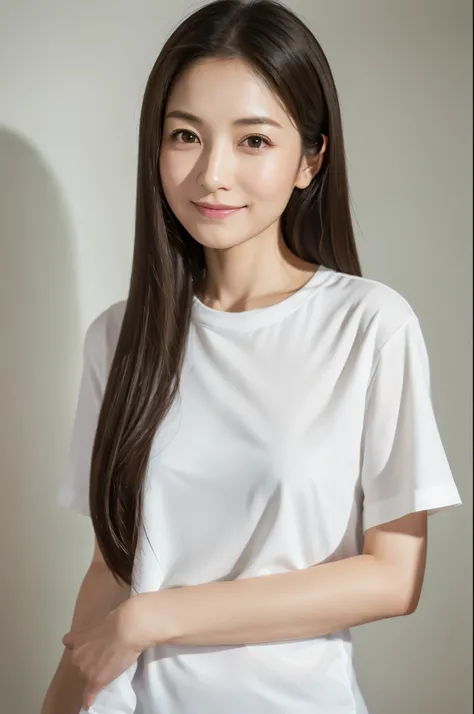 Japanese women, 40s, White background, simple背景,Long Hair、White-brown hair, Slender, 4K, 8K, High quality, Beauty products, EyesBeautiful Eyes, simple, It is high resolution.,1 person,Beautiful Skin,Beautiful Skin、Natural smile、Short sleeve、Wearing a white...