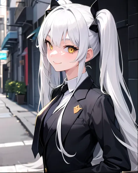 masterpiece, best quality, 1girl, Alley way, Black Suit,necktie,upper body, from side, science fiction, yellow eyes, twintails, silver hair, looking at viewer,smile