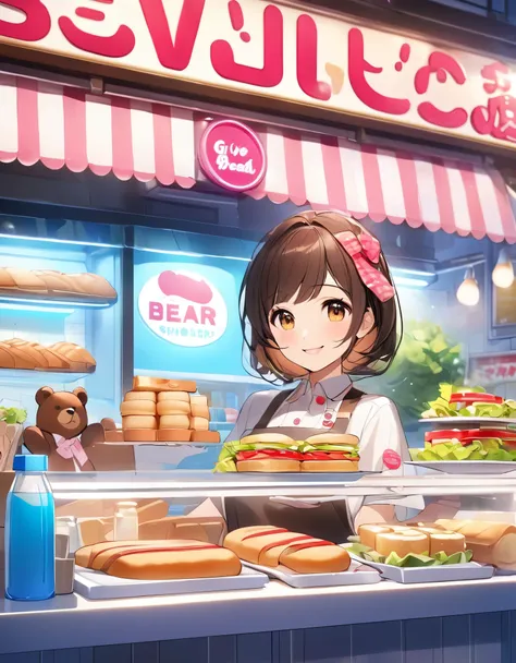 Bread店，A pretty girl，Female shop assistant，Happy smile，beautiful face，制作Sandwiches，_Give，A cute bear shop sign on the wall，小熊Bread，neon light，Bread，biscuit，Sandwiches，Salad，Bottled drinks，anime，Nice background，Depth of Field，CG unity，illustration，