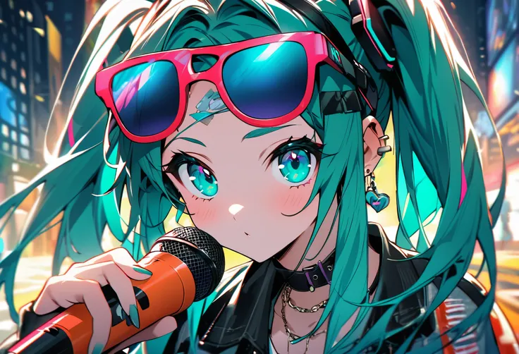 Hatsune Miku、Painting from the neck up、Hold the microphone、Like a raging fire、Eyes with the highest image quality、Beautiful eyes、Vivid Color、Street Style、Cool clothes、Put sunglasses on your forehead、Earrings、sing、Awesome