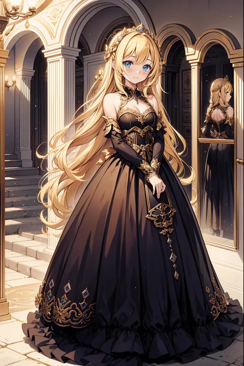 teens girl,divino,Enchanted,having fun,Being in love,blond hairbl,Dark color dress,transparent costume,intricate detailed clothes,Pattern,Princess headband,A small amount of lace,swim wears,dining room,solo person,the night,