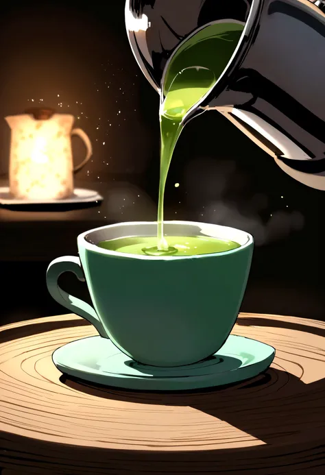 Generate presenter is having green tea, in font of her there are a cup of tea, hot tea kettle on the table, show presenter on the font of table is pouring light green tea