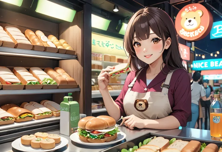 Bread店,A pretty girl,Female shop assistant,Happy smile,beautiful face,制作Sandwiches,_Give,A cute bear shop sign on the wall,小熊Bread,neon light,Bread,biscuit,Sandwiches,Salad,Bottled drinks,anime,Nice background,Depth of Field,CG unity,illustration,