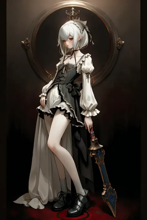  ((best quality)), ((masterpiece)), (detailed), very skinny, prominent collarbones, skinny arms, flat stomach, visible hip bones, red and white clothing, Bloodborne inspired, occult aesthetic, occult, detailed and intricate steampunk and detailed gothic, N...