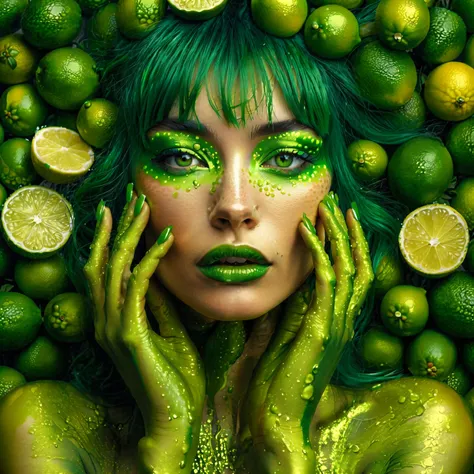 there is a woman with green hair and green makeup with limes, inspired by hedi xandt, green skin!, inspired by david lachapelle,...