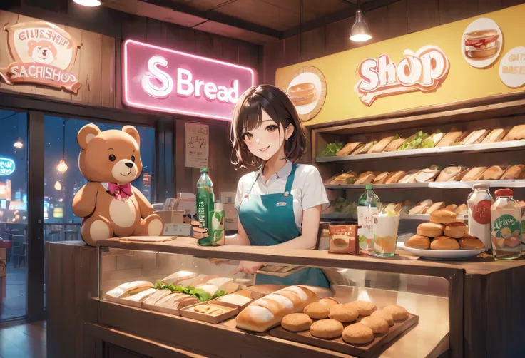 Bread店,A pretty girl,Female shop assistant,Happy smile,beautiful face,制作Sandwiches,_Give,A cute bear shop sign on the wall,小熊Bread,neon light,Bread,biscuit,Sandwiches,Salad,Bottled drinks,anime,Nice background,Depth of Field,CG unity,illustration,