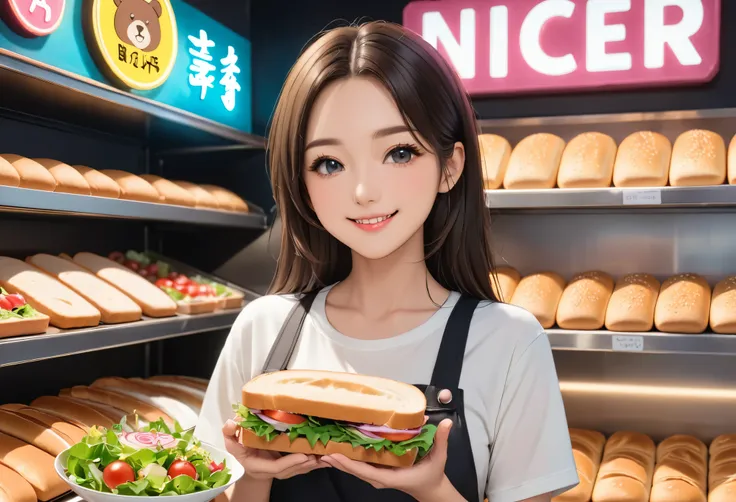 bread店，a pretty girl，female shop assistant，happy smile，beautiful face，制作sandwiches，_give，a cute bear shop sign on the wall，小熊bre...