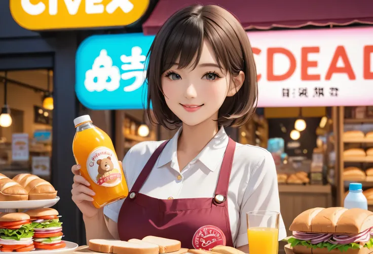 Bread店，A pretty girl，Female shop assistant，Happy smile，beautiful face，制作Sandwiches，_Give，A cute bear shop sign on the wall，小熊Bread，neon light，Bread，biscuit，Sandwiches，Salad，Bottled drinks，anime，Nice background，Depth of Field，CG unity，illustration，