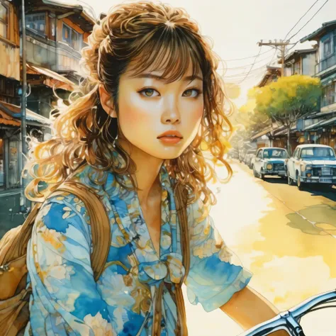 artwork:Katsuya Terada
8k, High resolution, A complex and intricate masterpiece, (Summer vacation:1.2), (Girl on a bicycle:1.1)、Beautiful Face、transparent, Glowing black eyes, Bike and blue eyeball, Medium Shot, Brown Hair, Organic Shapes, Hard Edge, Anato...