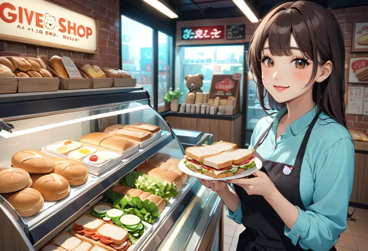 Bread店,A pretty girl,Female shop assistant,Happy smile,beautiful face,制作Sandwiches,_Give,A cute bear shop sign on the wall,小熊Bread,neon light,Bread,biscuit,Sandwiches,Salad,Bottled drinks,anime,Nice background,Depth of Field,CG unity,illustration,