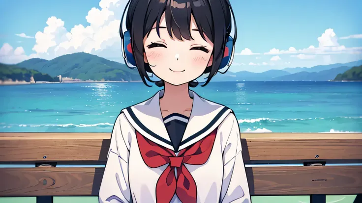 1girl, solo, , flat chest, short hair, black hair, gentle smile on her face((masterpiece, illustration, best quality) Girl in sailor suit、Bob hairstyle, a smil、Sitting on a bench with the sea in the background, closing her eyes while wearing white headphon...