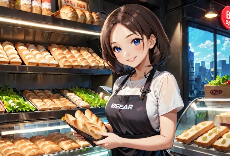 Bread店,A pretty girl,Female shop assistant,Happy smile,beautiful face,制作Sandwiches,_Give,A cute bear shop sign on the wall,小熊Bread,neon light,Bread,biscuit,Sandwiches,Salad,Bottled drinks,anime,Nice background,Depth of Field,CG unity,illustration,